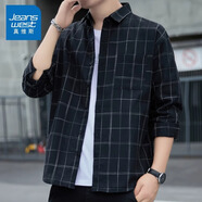 真維斯（Jeanswest）格子襯衫男款春夏季2025新款潮牌美式長(zhǎng)袖襯衣男士上衣外套男 黑格 XL
