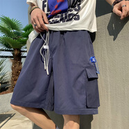 OEMG 卡其色工裝休閑短褲男夏季高街潮牌日系復古五分褲百搭寬松中褲 藏青色 XL [建議125-140斤]