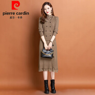 皮爾卡丹（pierre cardin）秋冬背心兩件套套裝針織羊毛裙半高領(lǐng)鏤空鉤花氣質(zhì)女神連衣裙 卡其 S 建議80-98斤