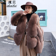 深貝（shenbei） 海寧秋冬新款狐貍毛皮草外套女短款年輕款時(shí)尚皮毛一體洋氣 巧克力色 M 105 斤內(nèi)