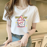 萊姆斯丁 純棉t恤女短袖新款女裝夏季寬松學(xué)生圓領(lǐng)半袖夏裝上衣服薄款 白色冰淇淋款 3XL 140-170斤