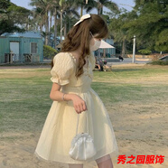范哲莎【精選夏季新品】裙子夏天仙女小個子年新款法式復古甜美奶黃泡泡 淺黃色-夏季連衣裙女高檔氣質 XL 120-130斤-夏季連衣裙女高檔氣質