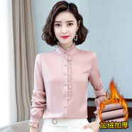 蔚曼（Veevmand）時尚洋氣雪紡襯衫女長袖2024春裝新款小立領(lǐng)打底衫襯衣女裝雪紡衫 粉色加絨 L