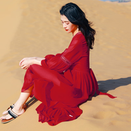 西子美麗心情海邊度假仙女沙灘裙超仙三亞拍照大紅色連衣裙青海湖沙漠長裙子夏 圖片色 XL