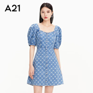 A21女裝春季潮流牛仔短裙收腰菱格方領(lǐng)泡泡短袖連衣裙 淺藍(lán) S