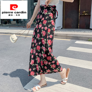 皮爾卡丹（pierre cardin）泰國度假半身裙女夏裝新款海邊沙灘裙一片式包臀裹裙雪紡碎花長裙 黑色紅芙蓉 均碼