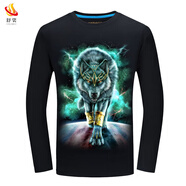 舒裟（ZUMKSAY）高檔輕奢春秋男裝3D個性動物猩猩圖案印花男長袖T恤加肥 閃電狼黑色 6XL 建議220-240斤