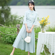 妖妮旗袍漢服女成人日常演出2025新中式國(guó)風(fēng)雪紡棉麻繡花連衣裙兩件套 6307淺藍(lán)上衣+淺藍(lán)裙 2XL (建議體重110-120斤）