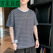 戎諾短袖男T恤2023條紋上衣夏季寬松圓領半袖男裝內搭打底衫 深藍色 L