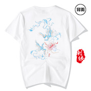 天龍致尊（Denon supreme）短袖t恤男裝夏季中國風仙鶴刺繡純棉寬松國潮情侶上衣服男士T恤衫 606雙鳳白色 L (建議120-140斤)