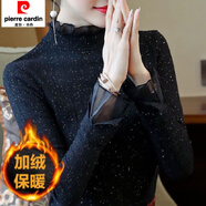 皮爾卡丹半高領(lǐng)蕾絲德絨打底衫女內(nèi)搭2025年冬季新款加絨保暖洋氣長袖上衣 黑色加絨 M【建議80-115斤】