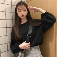 莎波龍春秋裝韓版寬松ins網(wǎng)紅百搭長袖T恤女燈籠袖小衫胖MM上衣潮學生 燈籠袖 黑色 M -81-100斤