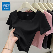 真維斯（JEANSWEST）簡(jiǎn)約風(fēng)t恤女夏季韓版緊身顯瘦方領(lǐng)短款短袖女裝休閑百搭半袖小衫 黑色 純色 L
