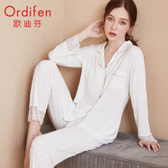 歐迪芬（Ordifen）本命年秋冬女精致蕾絲寬松舒適親膚簡(jiǎn)約翻領(lǐng)可外穿家居服套裝 牙白色 2XL