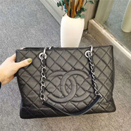 【二手99新】香奈兒Chanel GST PST CF女包黑金黑銀 荔枝皮 手提 單肩女士手袋 黑銀97新2