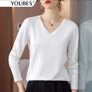 優(yōu)貝爾斯（YOUBES）80支雙面絲光棉T恤女長(cháng)袖春秋款百搭純色打底衫女內搭外穿女上衣 白色V領(lǐng) L碼(100-110斤)