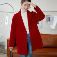 BUTAO女裝雙面羊毛大衣女小個(gè)子新款中長(cháng)韓版顯瘦寬松呢子外套 拉菲紅 S 【建議100-120斤】