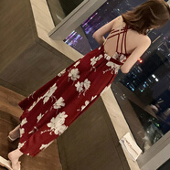 miss nitaly 夏季女裝新款露背收腰碎花仙女雪紡吊帶連衣裙顯瘦度假沙灘長裙 酒紅色 M99-110斤