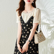 賢語(yǔ)拼接假兩件碎花雪紡連衣裙女夏新款歐洲站寬松魚(yú)尾裙子 黑色 8876# M (85-100)