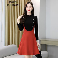 佰藍(lán)嬌2022秋裝新款秋季女裝春秋新品時(shí)尚氣質(zhì)韓版洋氣遮肚子顯瘦毛呢長(zhǎng)袖連衣裙拼接假兩件a字裙女 桔色 M