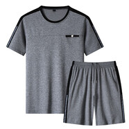 亞當(dāng)彼得品牌純棉運動套裝男夏季薄款運動服套裝中老年運動套裝男士兩件套 202灰色（短袖+短褲） XL 建議體重125-140斤