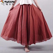 啄木鳥(niǎo)森女文藝da碼雙層棉麻半身裙女中長(cháng)款春秋民族風(fēng)亞麻裙子大擺長(cháng)裙 鐵銹紅【雙層防透松緊腰】 裙長(cháng)95厘米【適合168以上身高】