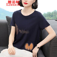 蕾諾希 刺繡短袖t恤女夏棉24年百搭中年上衣夏裝新款韓版體恤衫8538 藏青色（88） 4XL（建議150-165斤）