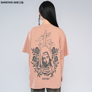 木村三社（MuCunSanShe）圣母印花美式復(fù)古t恤男高街潮牌潮流全棉夏天短袖體恤 粉色 L