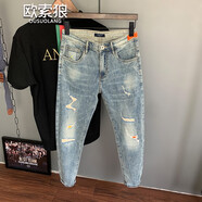 歐索狼復古潮牌設計師款2025破洞有補丁九分牛仔褲男潮流修身小腳褲彈力 復古藍 31