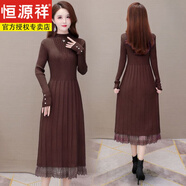 恒源祥品牌連衣裙新款流行秋冬季蕾絲打底裙內搭加厚絨針織毛衣裙 B53-咖啡色 XL 建議115-125斤