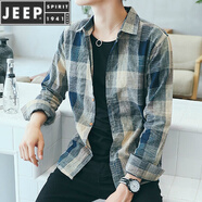 JEEP SPIRIT2023年春秋季格子襯衫男長(cháng)袖亞麻襯衣青年時(shí)尚流行休閑薄外套 漸變格子綠 M
