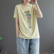 玖卡依短袖t恤女2025夏季新款女裝純棉刺繡圓領(lǐng)體恤寬松文藝半袖上衣女 黃色繡花女孩 XL 建議115-130斤
