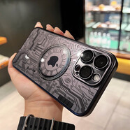 韻寧 磁吸充電3D線路板適用蘋果15promax手機殼電鍍帶鏡頭膜iphone14高級感新款保護殼 磁吸款-【黑色】護鏡電鍍3D線路板硬殼 iPhone12