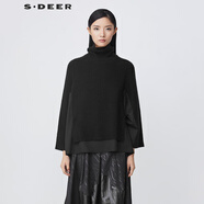 S.DEER圣迪奧女裝羅紋高領(lǐng)開衩拼接不規(guī)則黑色毛衣S21483505 黑色/91 S/160