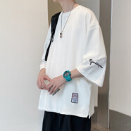 雪萊瓊斯 t恤男夏季港風刺繡七分袖薄款潮牌學生潮流寬松冰絲衣服體恤男裝 T02白色 L