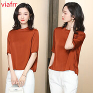 VIAFRR時(shí)尚輕熟風(fēng)上衣氣質(zhì)潮流2025真絲襯衫高端優(yōu)雅女裝襯衣夏季短袖 焦糖色 XL