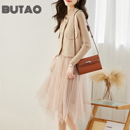 BUTAO女裝小香風(fēng)連衣裙女秋冬新品小個(gè)子時(shí)尚兩針織網(wǎng)紗裙 駝色 L