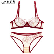 少女美屋 法式性感刺繡內(nèi)衣文胸套裝女胸罩蕾絲網(wǎng)紗透明超薄奶罩膚色純欲 28000酒紅色【套裝】 34B=75B