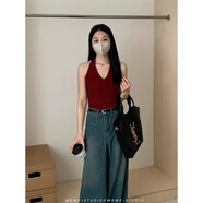 RWNNVI港風(fēng)復(fù)古紅色掛脖吊帶小背心女夏季外穿辣妹內(nèi)搭打底露背氣質(zhì)上衣 酒紅色帶胸墊(實(shí)物顏色亮) S
