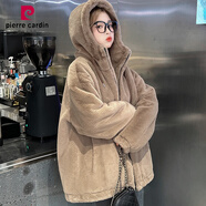 皮爾卡丹（pierre cardin）雙面羊羔毛絨外套2024秋冬新款仿獺兔毛茸茸大衣短款加厚連帽棉服 駝色 加購 XL 加絨加厚，一件過(guò)冬