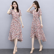 穆夏百合2025夏季新款女裝時(shí)尚氣質(zhì)短袖雪紡連衣裙仙女裙中長(cháng)a字碎花裙子 粉色 XL (115斤-125斤)