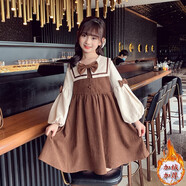 柚一杉女童連衣裙秋冬加絨兒童舒適長(cháng)袖學(xué)院風(fēng)女孩中大童韓版禮服公主裙 燈籠袖連衣裙 咖色加絨 140 建議身高135cm左右