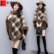 LUCALY斗篷披肩女秋冬款加絨斗篷披肩女短款秋冬季仿皮草時(shí)尚豹紋版加厚保暖披風(fēng)大衣 咖啡格子 均碼