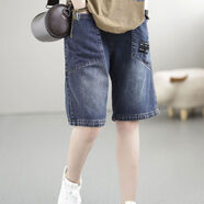 月袖牛仔褲女夏季新款短褲直筒拼接休閑五分褲復古寬松中褲女裝哈倫褲 藍色 XL 120-140斤