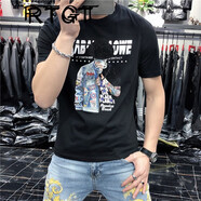 RTGT 潮牌t恤男夏季新款修身圓領(lǐng)字母人物燙鉆印花帥氣潮流休閑短袖 黑色 XL