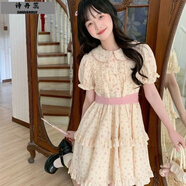 詩(shī)丹蕊田園風(fēng)可愛少女娃娃領(lǐng)碎花連衣裙女學(xué)生夏季收腰小個(gè)子公主蓬蓬裙 粉色 均碼【可備注碼數(shù)】