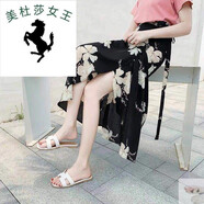 溥畔碎花一片式半身裙女夏高腰a字長(cháng)裙雪紡系帶中長(cháng)款裹裙 黑玉蘭 均碼