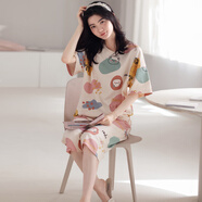 甜桔子女士睡衣女夏季短袖純棉七分褲寬松家居服女短褲可外穿學(xué)生睡衣 MJF7065【100%棉七分褲套裝】 XL /身高168-173 體重120-140