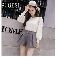 毛呢短褲女2020秋冬新款ins潮韓版寬松高腰休閑打底外穿a字闊腿褲 深灰色【版】 S 【建議70-90斤】