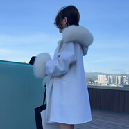 KAISENSHI鄂爾多斯市產(chǎn)24可脫卸狐貍毛領(lǐng)雙面羊絨大衣女小個(gè)子短款連帽外套 珍珠白 S